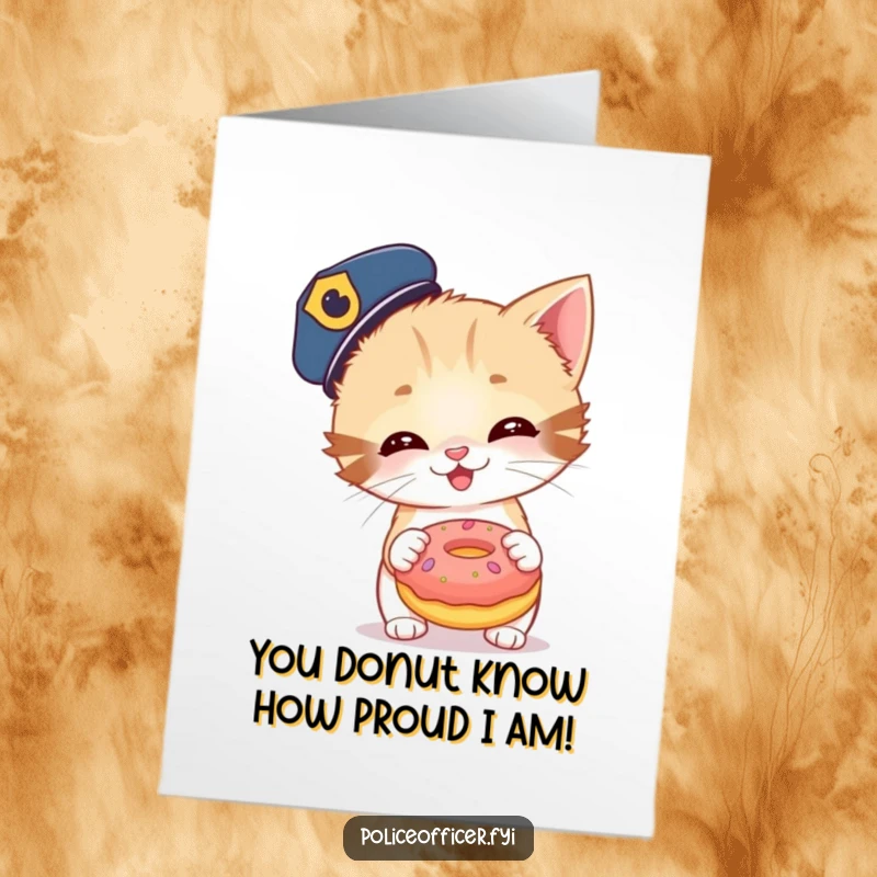 Funny Free Printable Congratulations Card: Giggling kitten police officer ready to celebrate with a tiny, oversized donut, spreading cheer.