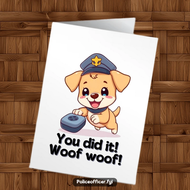 Funny Free Printable Congratulations Card: Energetic puppy in a police hat, chasing a remote with glee.