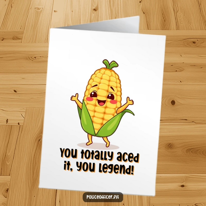Funny Free Printable Congratulations Card: A happy corn cob character performing a ridiculously cheerful and energetic dance.