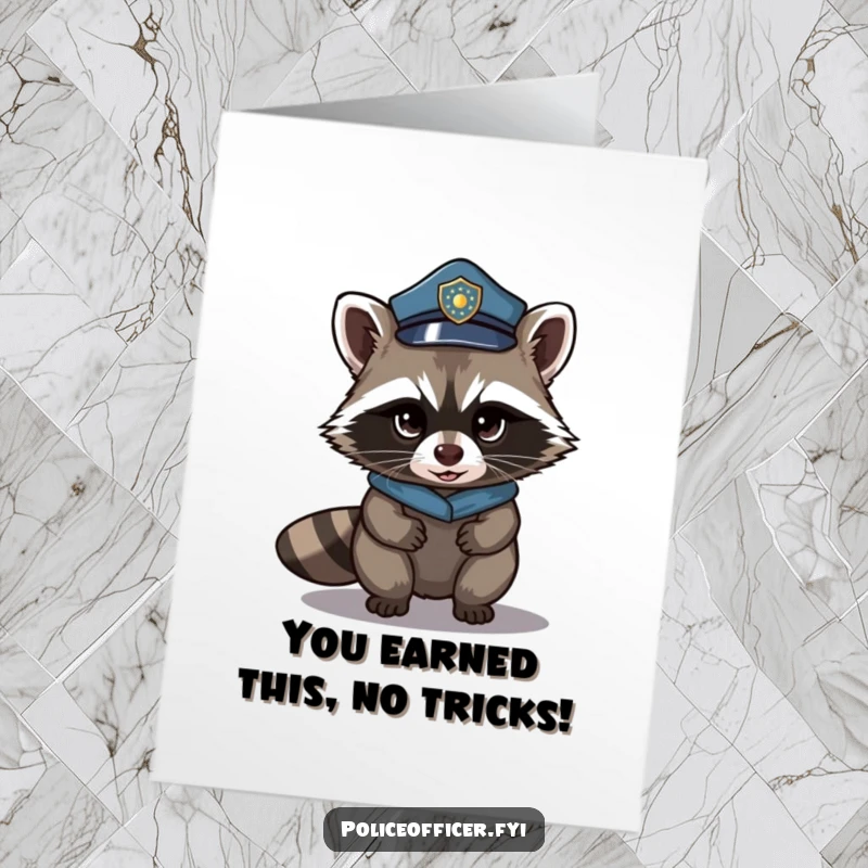 Funny Free Printable Congratulations Card: A stealthy raccoon wearing a police hat tiptoes with a mischievous glint, celebrating their successful heist.