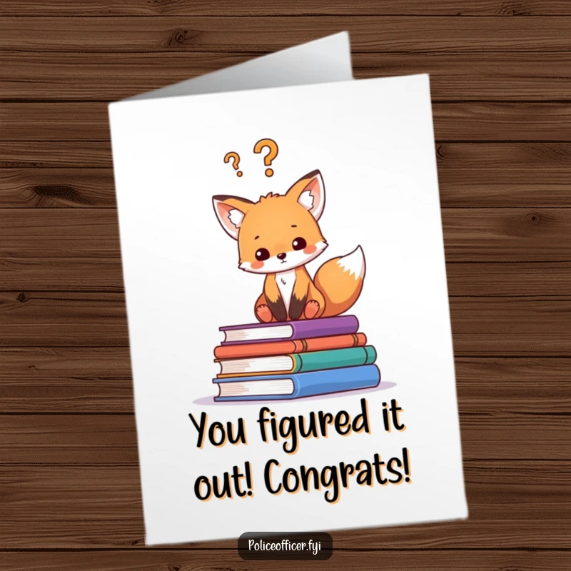 Funny Free Printable Congrats Card: Curious fox cub on books, question mark, celebrating wins.
