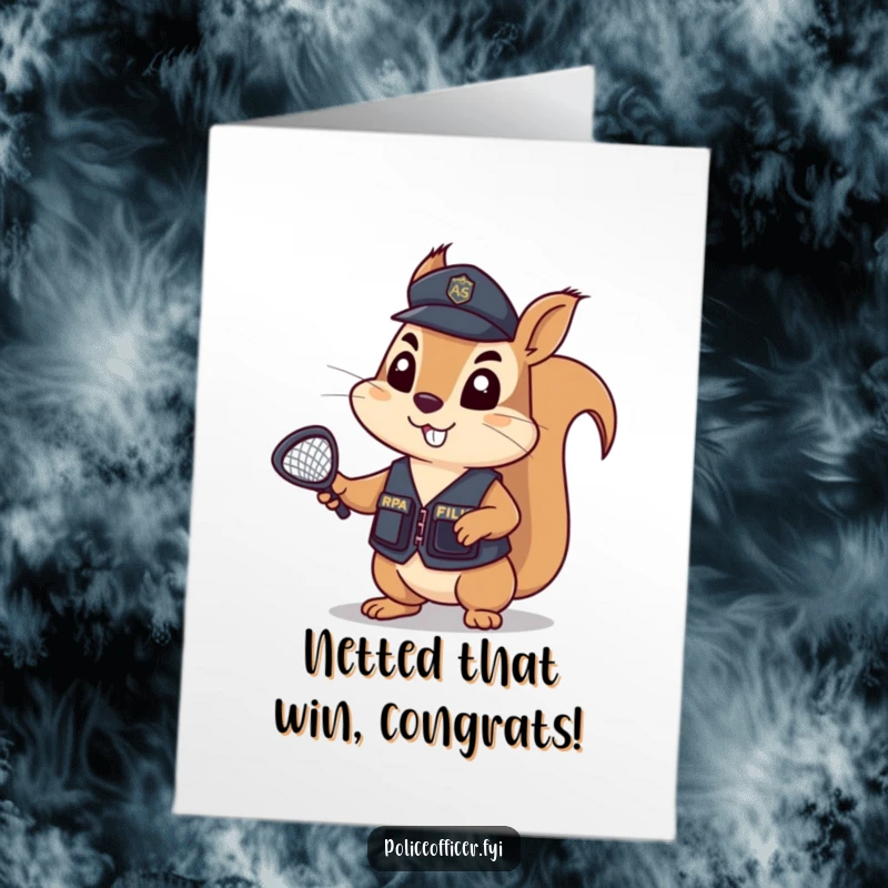 Funny Free Printable Congratulations Card showing a determined squirrel in a police vest, net ready, humorously capturing the essence of success.