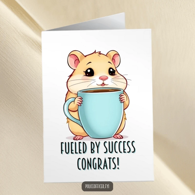 Funny Free Printable Congratulations Card: A chubby hamster holding a giant coffee cup thoughtfully congratulates with humor, ideal for DIY.