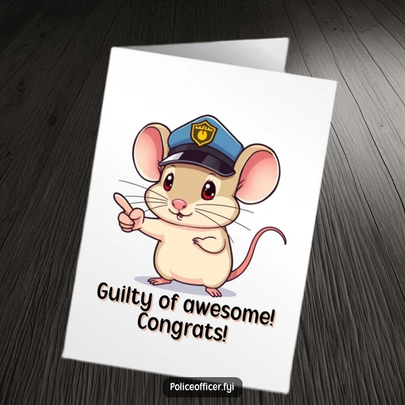 Funny Free Printable Congratulations Card: A small mouse in a police hat pointing determinedly congratulates with hilarious officialdom, ideal for DIY.