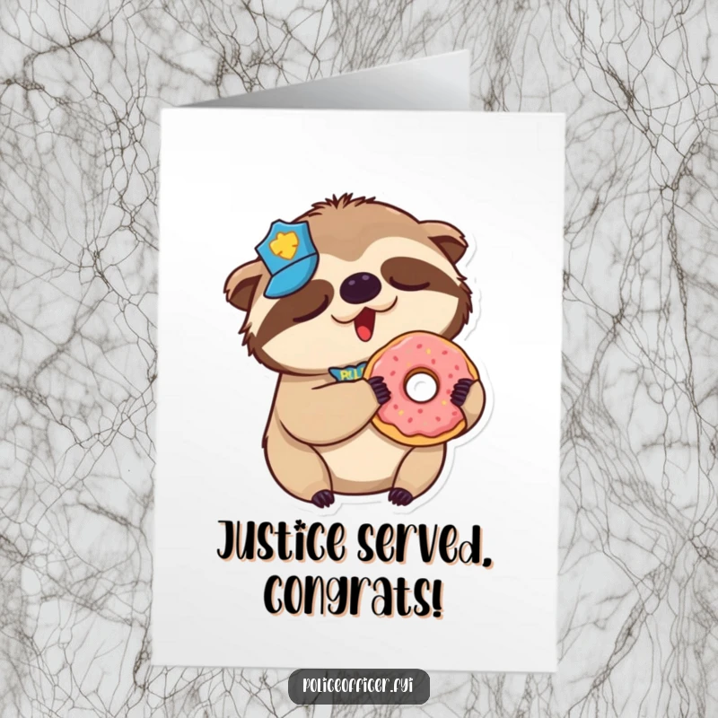Funny Free Printable Congrats Card: Sleepy sloth police officer in badge yawns, holding a donut, celebrating slowly.