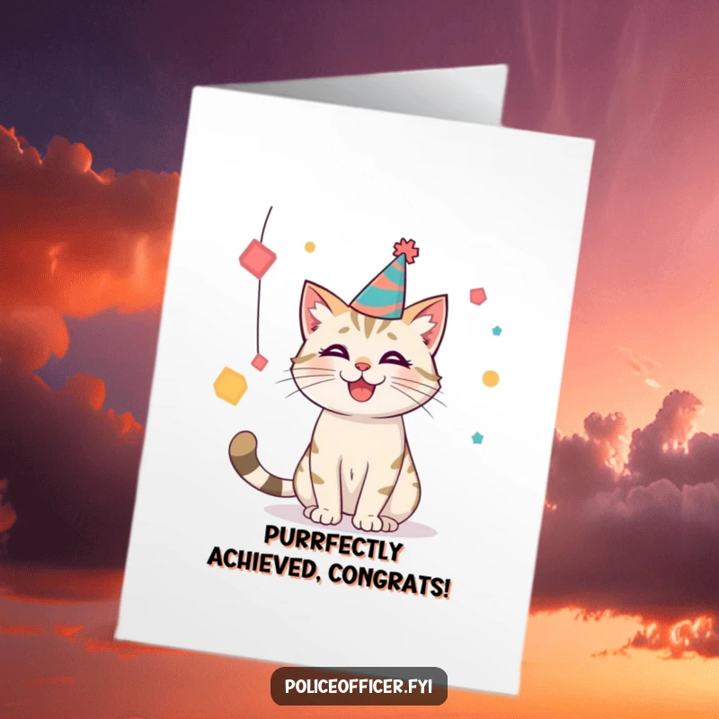 Funny Free Printable Congratulations Card: Smiling cat in a party hat, playfully batting shapes, celebrating success.