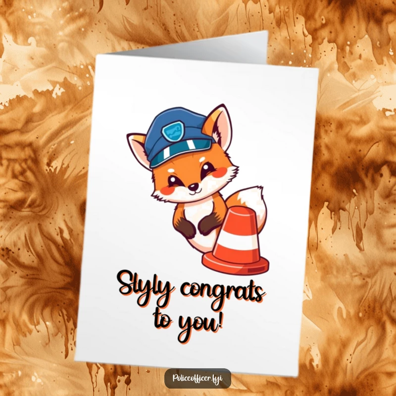 Funny Free Printable Congratulations Card: Cute fox police officer in a cap peeks from behind a traffic cone, celebrating a clever victory.