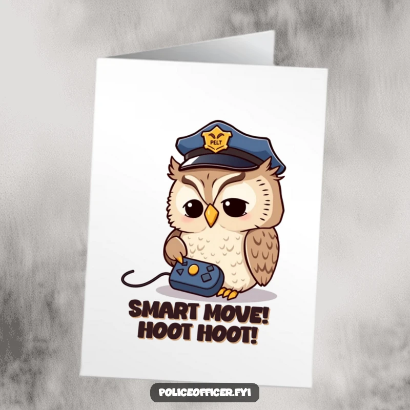 Funny Free Printable Congratulations Card: A wise owl wearing a police cap, deeply focused on a remote.