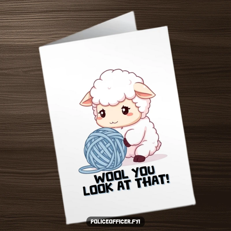 Funny Free Printable Congratulations Card: A fluffy sheep with a furrowed brow looking perplexed at a tangled ball of yarn, symbolizing complex situations.