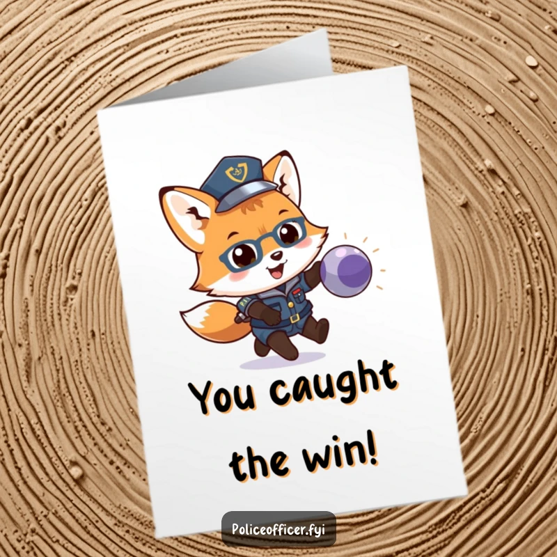 Funny Free Printable Congratulations Card: A playful fox cub in a police uniform pursues a bouncing ball, a fun downloadable gift.
