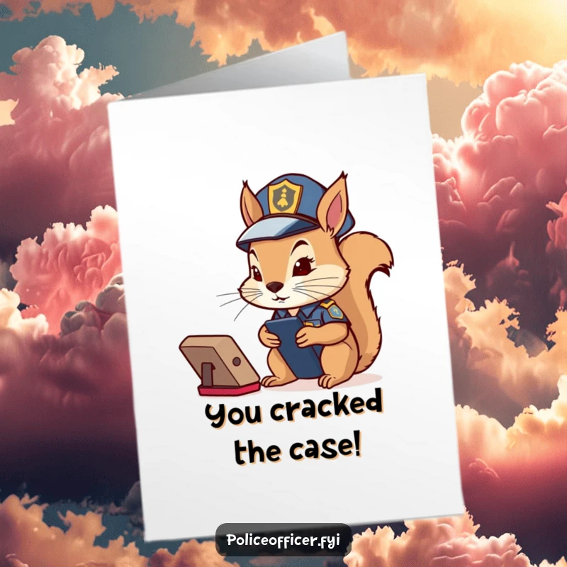 Funny Free Printable congratulations card featuring a squirrel in uniform with a serious look, focused on a remote, great downloadable art.