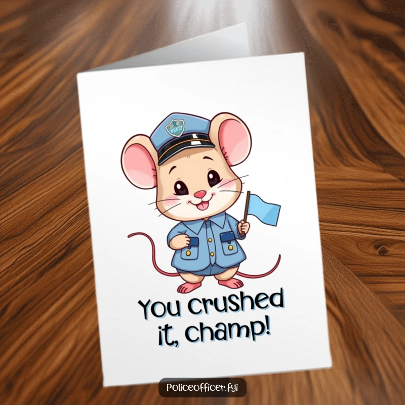 Funny Free Printable Congratulations Card: Smiling mouse police officer in uniform holding a small flag.