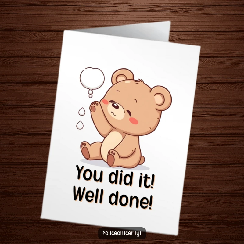Funny Free Printable Congratulations Card: Adorable bear cub curiously reaching for a thought bubble, celebrating success with humor.