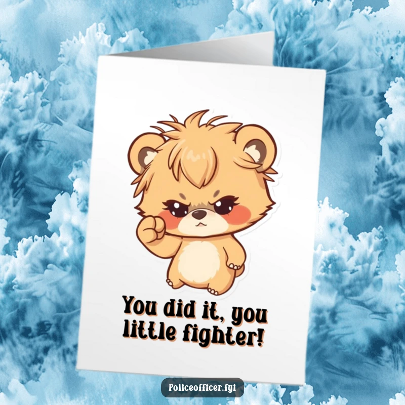 Funny Free Printable Congratulations Card: Small bear cub with messy hair shakes a tiny fist in celebration.