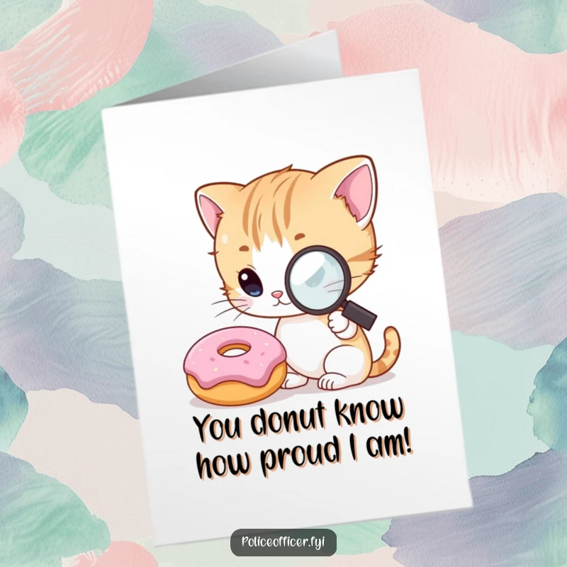 Funny Free Printable Congratulations Card featuring a kitten with a magnifying glass intensely studying a smiling donut, celebrating success.