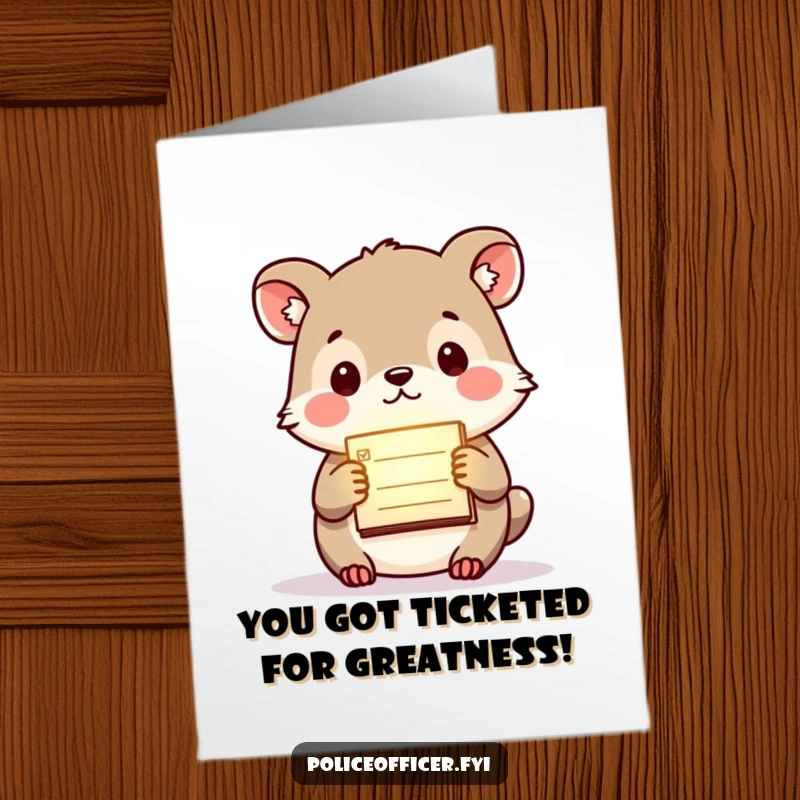 Funny Free Printable Congratulations Card: Small animal purposefully holding a glowing citation pad, celebrating a win.
