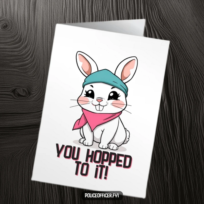 Funny Free Printable Congrats Card: Playful rabbit in a ripped bandana, sporting a mischievous grin, celebrating your fantastic achievement.