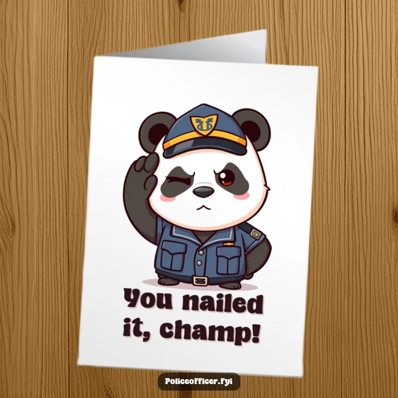 Funny Free Printable Congratulations Card: A determined panda police officer salutes with a confident wink, signifying a job well done.
