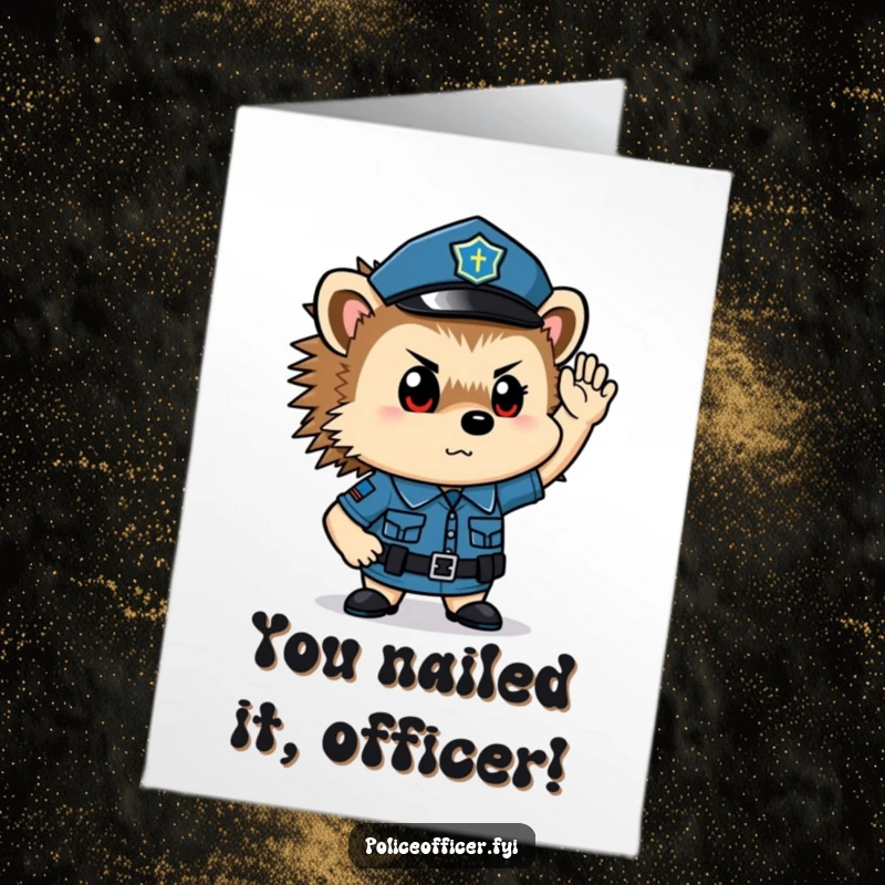 Funny Free Printable Congratulations Card: Tiny hedgehog police officer giving a sharp salute, celebrating an impressive accomplishment.