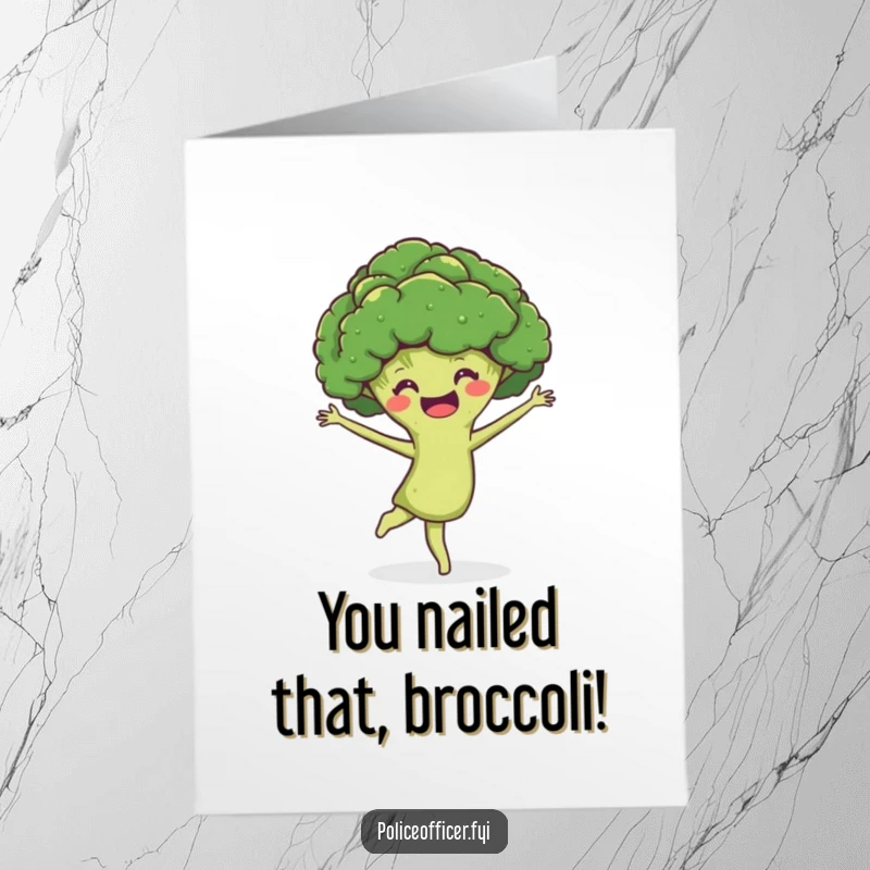 Funny Free Printable Congratulations Card: A smiling broccoli head performing a joyful pirouette to celebrate a wonderful accomplishment.
