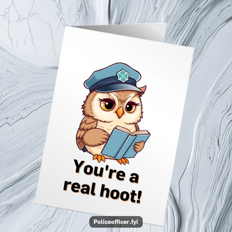 Funny free printable congratulations card with a wise owl in a police cap reading, looking concerned about their achievement.
