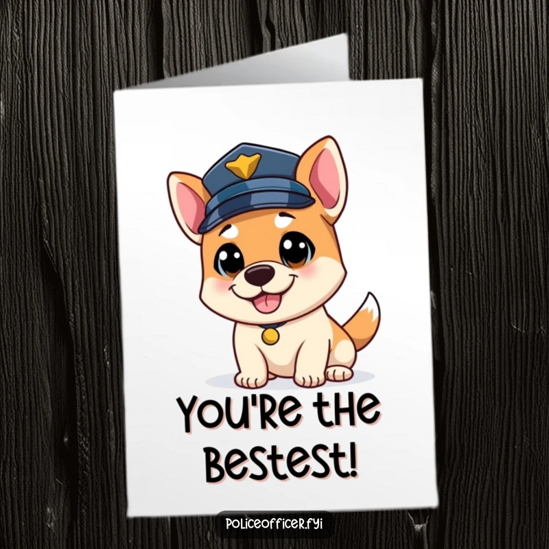 Funny Free Printable Congratulations Card: Bouncy dog police officer with a wagging tail, wearing a police cap.