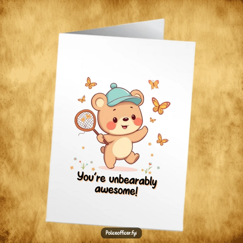 Funny Free Printable Congratulations Card: A cheerful bear cub wearing a cap joyfully chases butterflies with a net, celebrating victory.