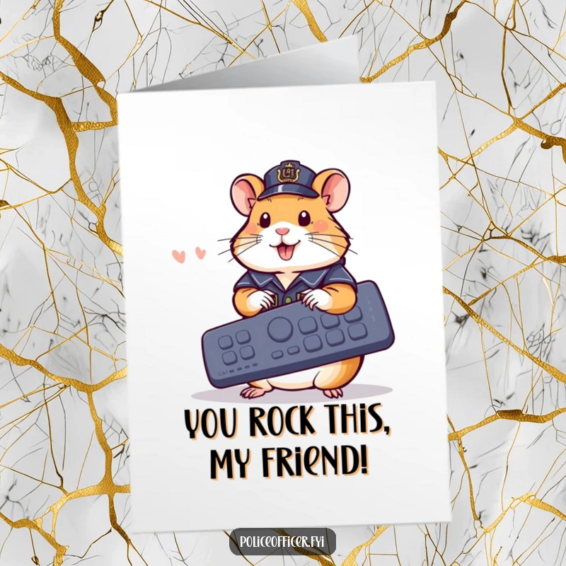 Funny Free Printable Congratulations Card: A hamster cop happily presses buttons on a giant remote, celebrating success.
