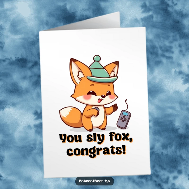 Funny Free Printable Congratulations Card: Fox wearing tiny hat points at remote, celebrating remote control over success. Digital download available!
