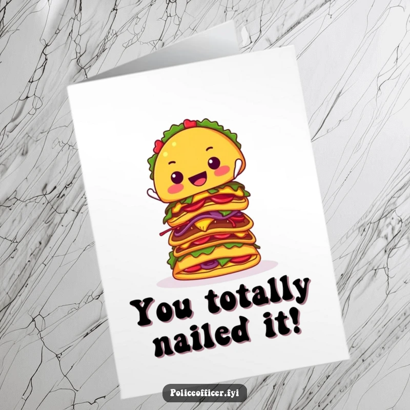 Funny Free Printable Congratulations Card: A cheerful taco triumphantly balancing a giant stack of tacos, a downloadable gift of joy.