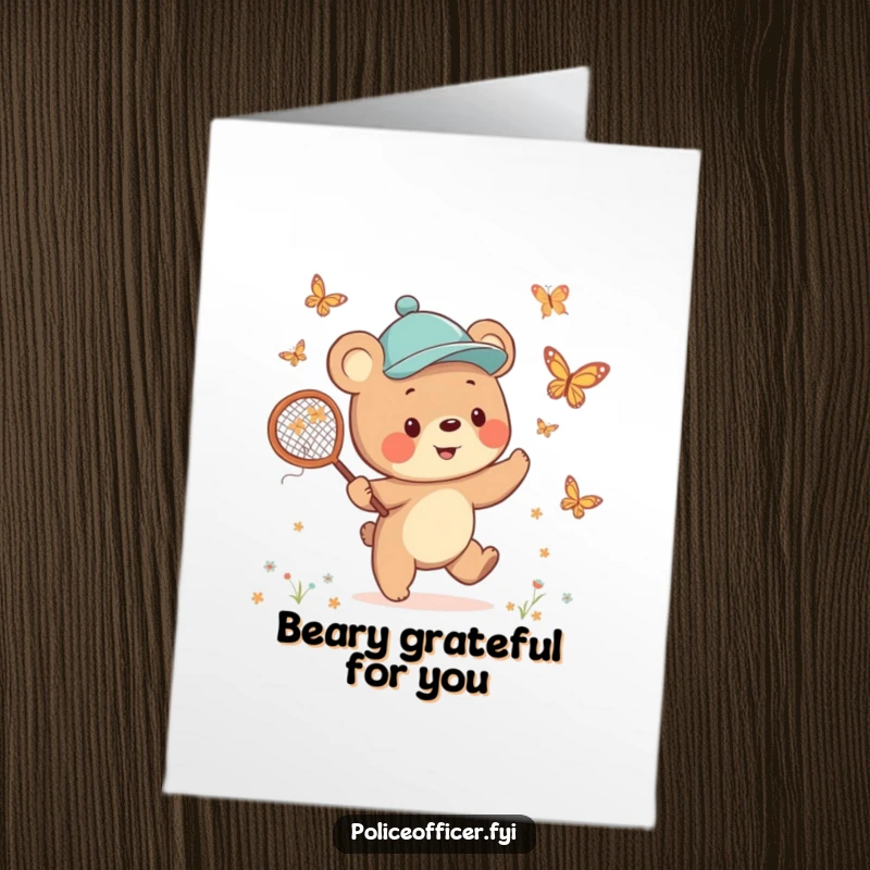 Funny Free Printable Thank You Card: A cheerful bear cub in a cap chases butterflies with a net, expressing thanks.