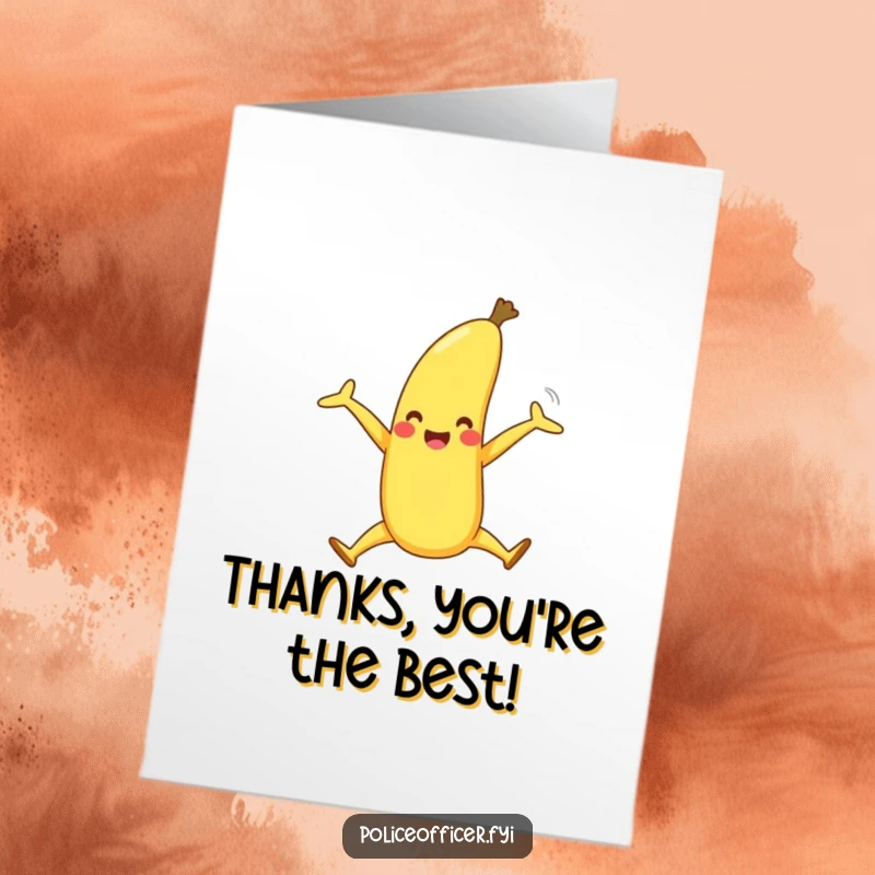 Funny Free Printable Thank You Card: A happy banana with legs joyfully splitting apart, offering a downloadable thank you.