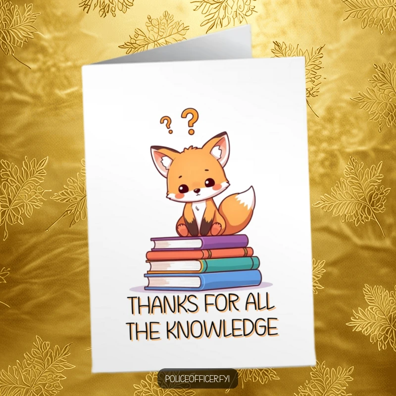 Funny Free Printable Thank You Card: Curious fox cub on books, asking thanks with humor.
