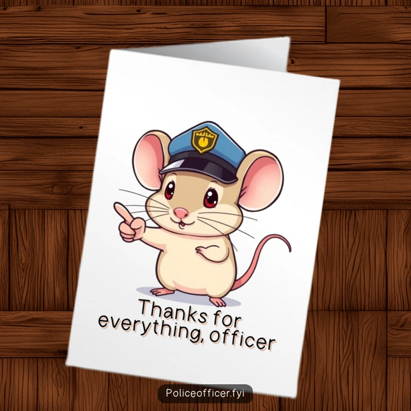 Funny Free Printable Thank You Card: A small mouse in a police hat pointing determinedly gives a hilariously official thank you, great for DIY.
