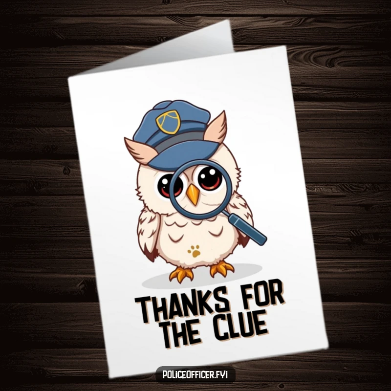 Funny Free Printable Thank You Card featuring a wise owl in a police cap, magnifying glass examining a tiny footprint, humorously tracking gratitude.
