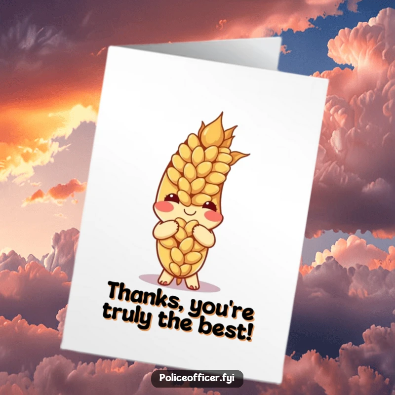 Gracious Free Printable Thank You Card: A happy ear of wheat bowing serenely with a thankful smile.