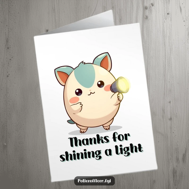 Funny Free Printable Thank You Card: Small round creature with perky ears points a tiny flashlight, expressing thanks.