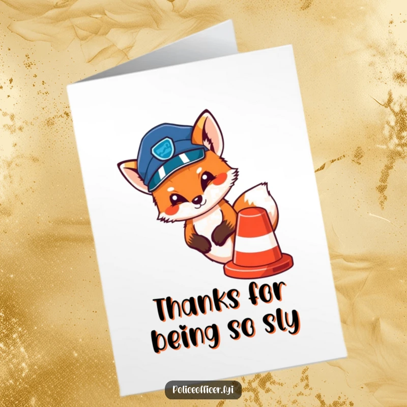 Funny Free Printable Thank You Card: A cute fox police officer in a cap peeks out from behind a traffic cone, giving thanks slyly.