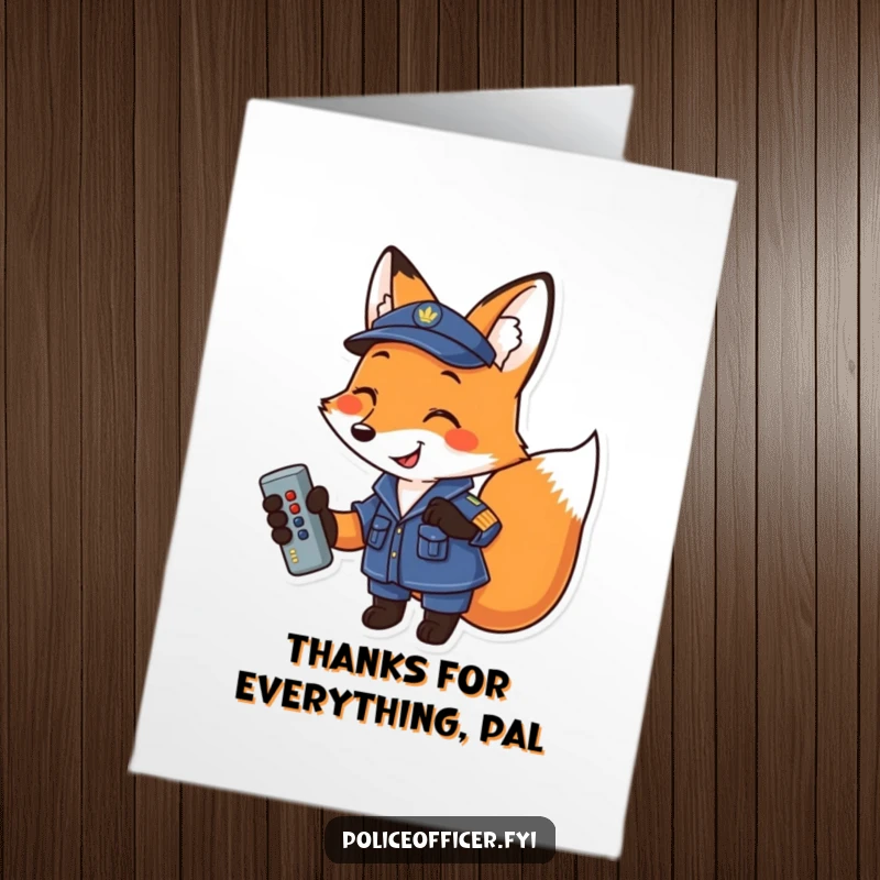 Funny Free Printable Thank You Card: Smiling fox in uniform holding a remote, expressing thanks.