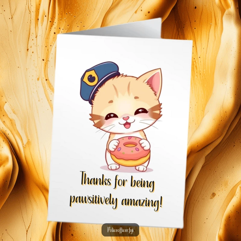 Funny Free Printable Thank You Card: Giggling kitten police officer holding a tiny, oversized donut, offering heartfelt thanks with a smile.