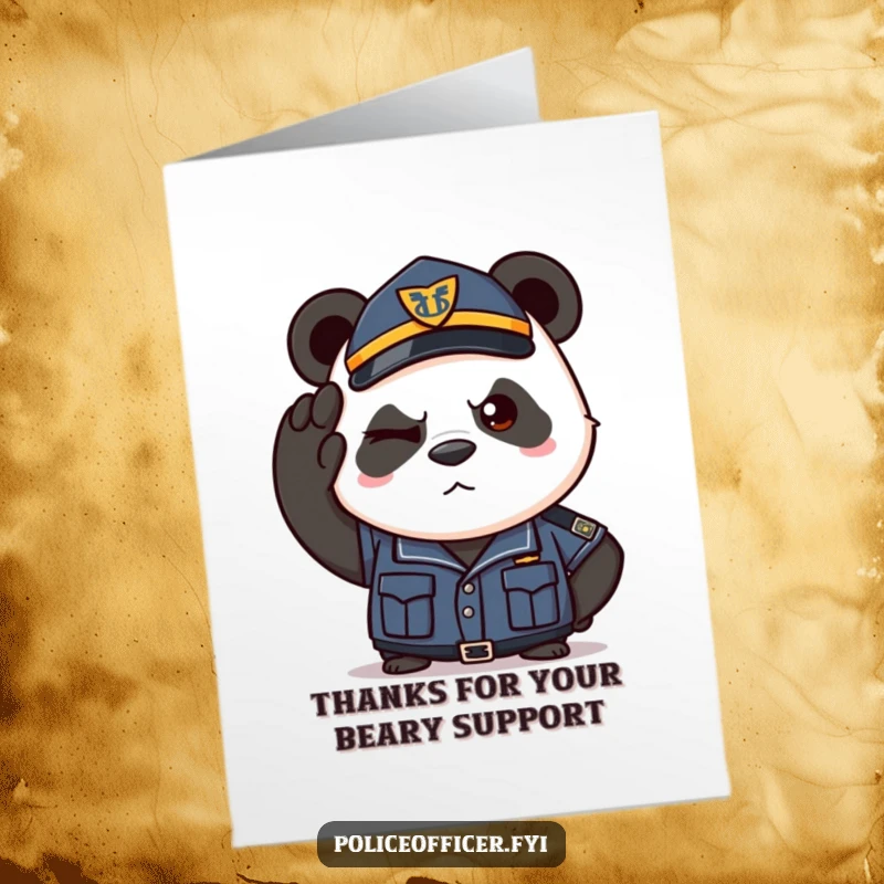 Funny Free Printable Thank You Card: A determined panda police officer gives a salute and a confident wink, conveying sincere thanks.