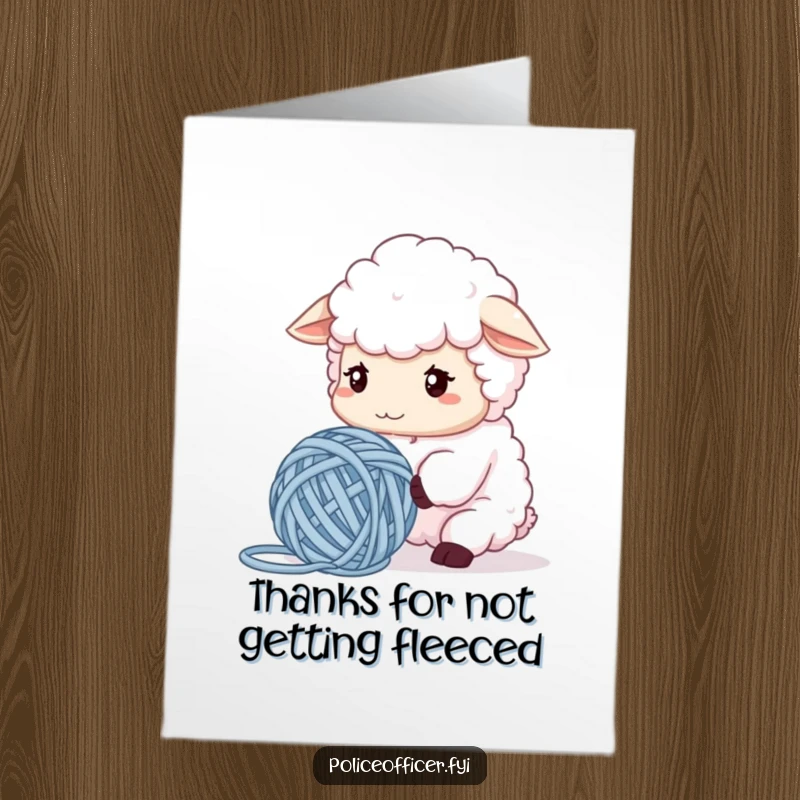 Funny Free Printable Thank You Card: A fluffy sheep with a furrowed brow gazing intently at a hopelessly tangled ball of yarn, conveying deep thought.
