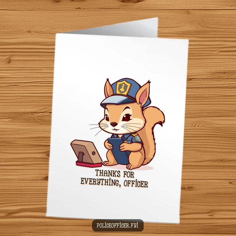 Funny Free Printable thank you card of a determined squirrel in a cop outfit watching a remote, a quirky DIY gift.