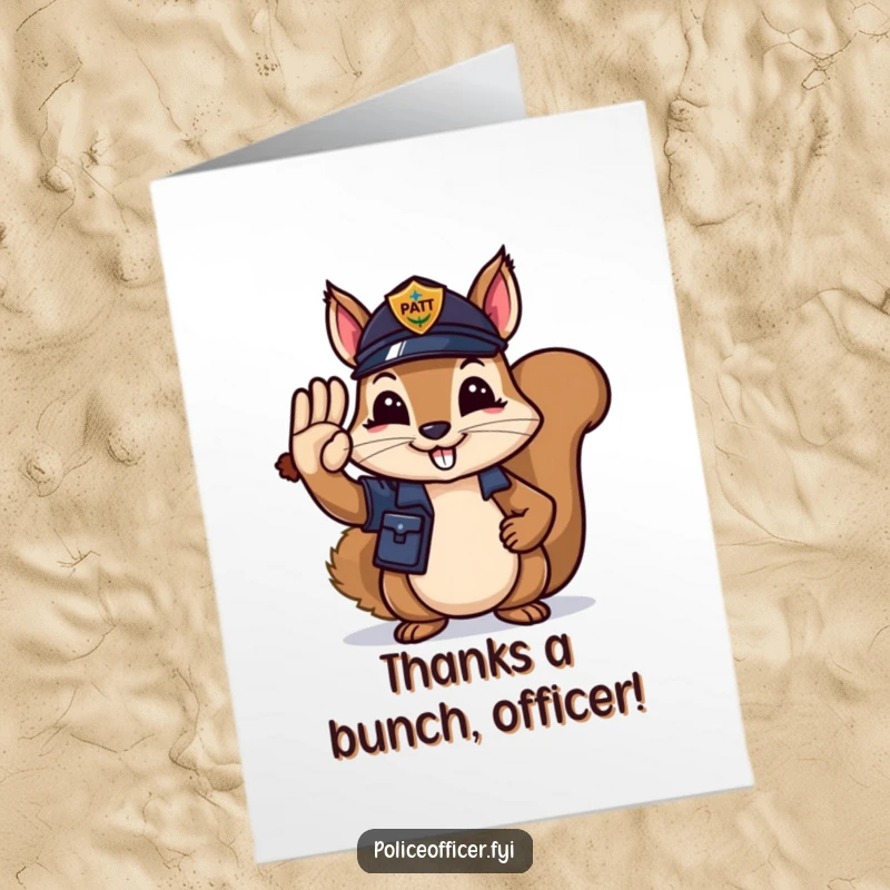 Funny Free Printable Thank You Card: A happy squirrel police officer salutes smartly, holding an acorn in its paw.