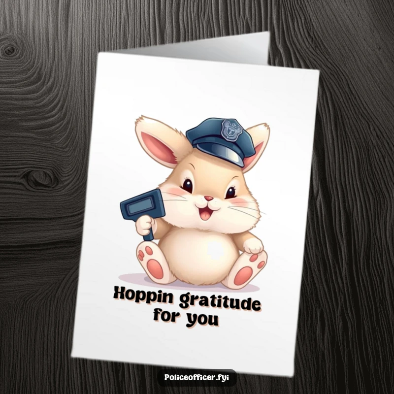 Funny Free Printable Thank You Card featuring a fluffy bunny police officer, small hat, directing traffic with oversized paws, expressing thanks.