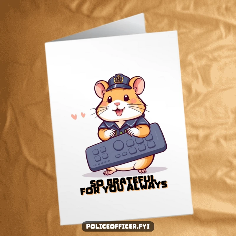 Funny Free Printable Thank You Card: A cheerful hamster in uniform presses buttons on a giant remote, full of thanks.