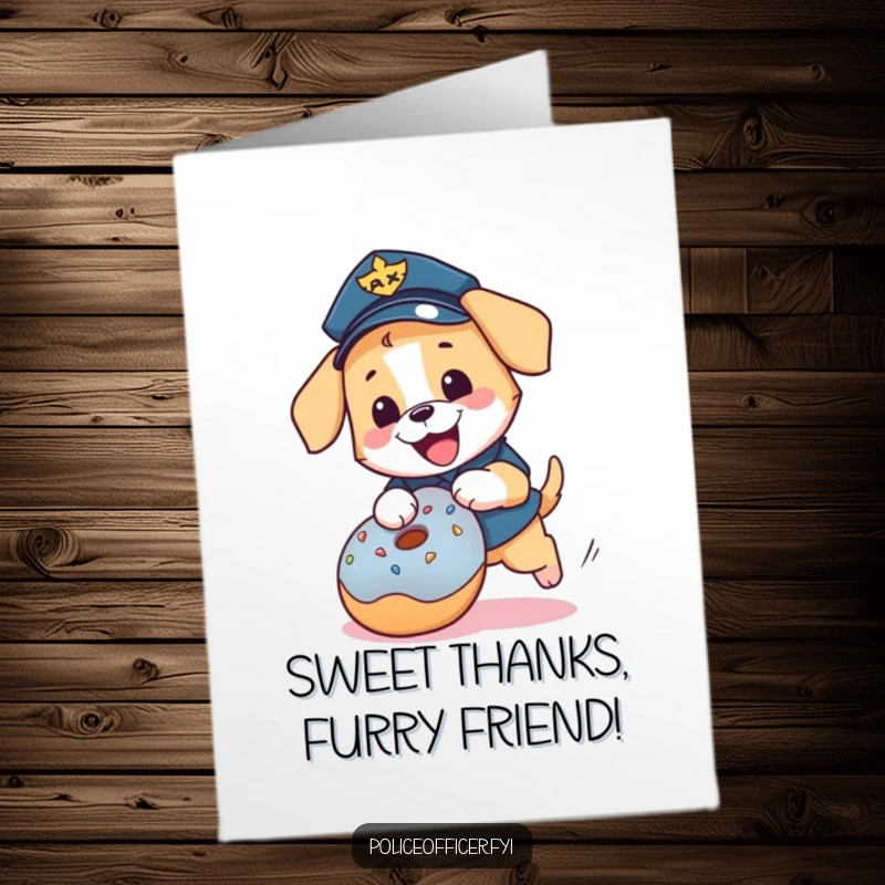 Funny Free Printable Thank You Card: A happy puppy in police uniform comically chases a donut, expressing gratitude with playful energy.