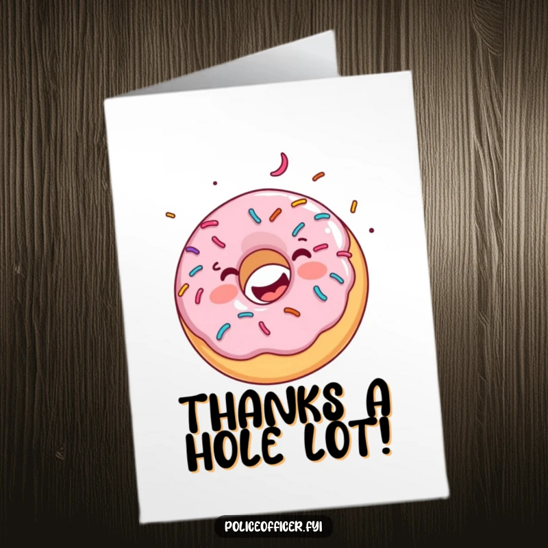 Funny Free Printable Thank You Card: A happy donut covered in sprinkles, spinning with delight, offering a downloadable thank you.