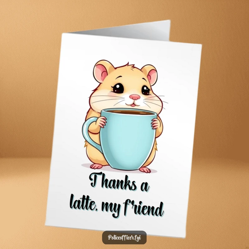 Funny Free Printable Thank You Card: A chubby hamster holding a giant coffee cup thoughtfully expresses thanks with humor, perfect for DIY.