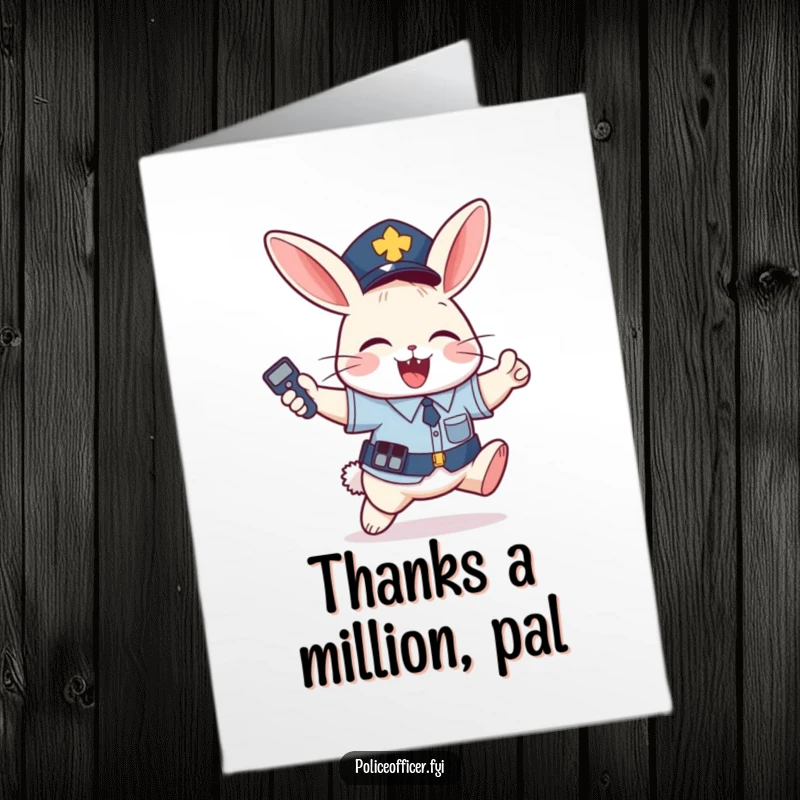 Funny Free Printable Thank You Card: A mischievous bunny police officer jumps with joy while holding a remote.